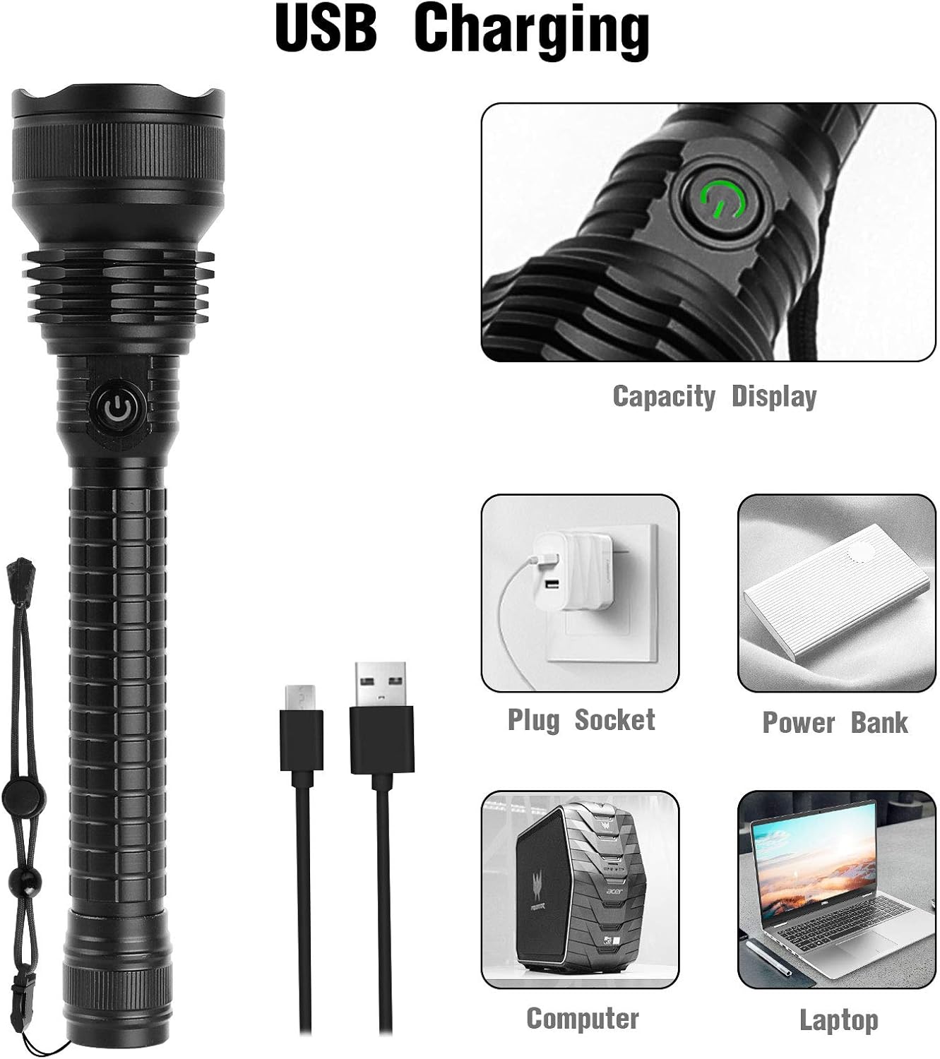 Rechargeable Led Flashlight, Super Bright Flashlights High Lumens Powerful Tactical Flashlights with 18650 Batteries Included, 5 Modes, Waterproof Flashlight for Emergencies, Camping (Black) - - 