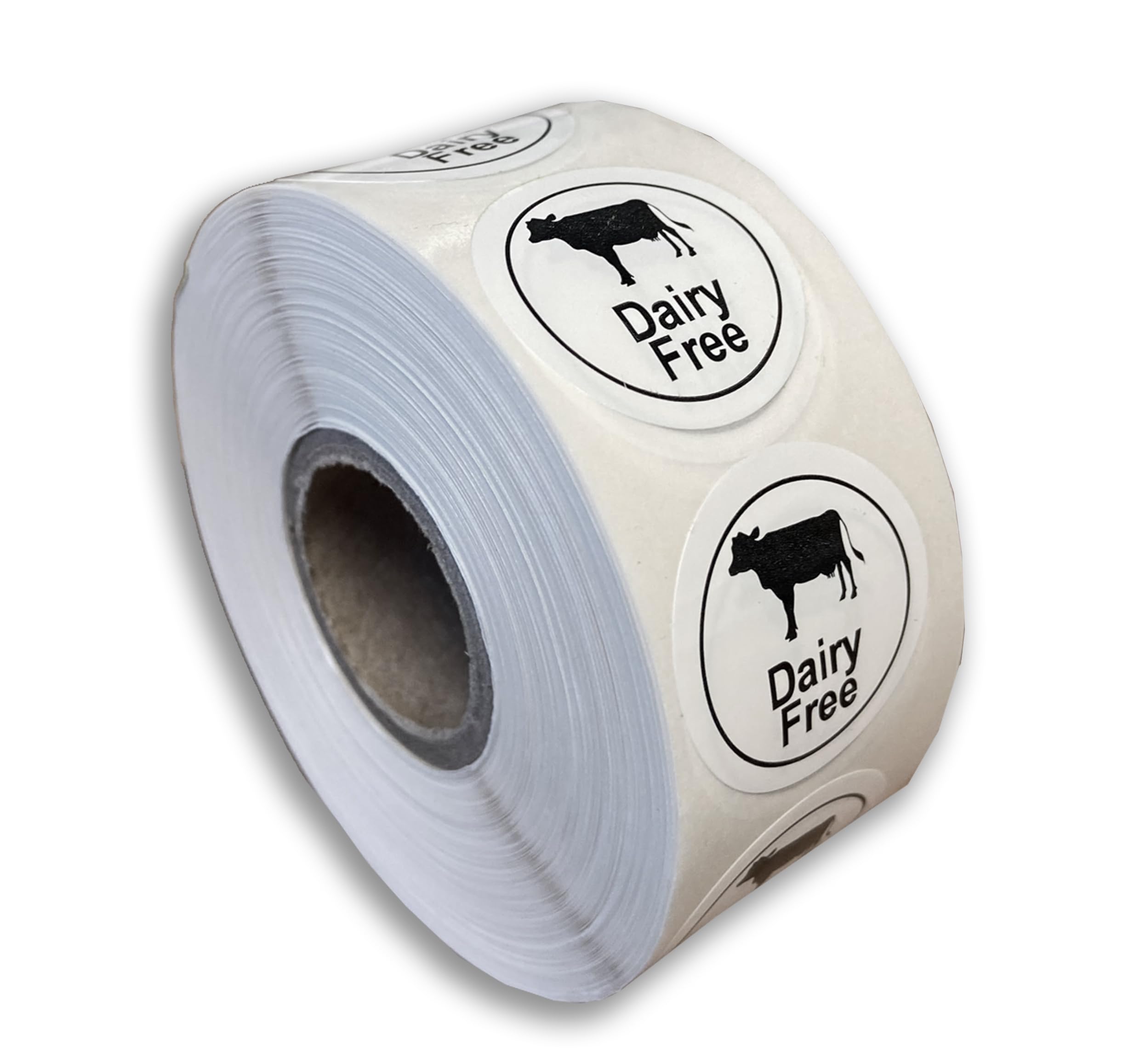 1000 x Roll 25mm Round White Dairy Free Labels Permanent allergen Safety Intolerance Stickers