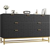 IDEALHOUSE Dresser for Bedroom, 53.5” Wide Dresser Organizer, 7 Drawer with Golden Metal Handle and Legs, Large Modern Chest of Drawers for Closet, Hallway, Living Room, Entryway, Black