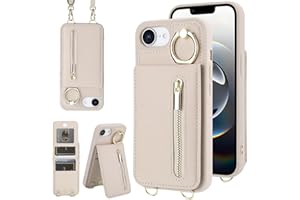 Jcxtrombulous Crossbody Wallet Case for iPhone 16E with Lanyard Strap Card Slot Holder RFID Blocking 360° Ring Kickstand,Magnetic Flip Folio Zipper Purse Case, PU Leather Cover Handbag,Beige