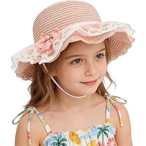 Kids Lace Ruffle Straw Bucket Hat with Bow Pearl Decor, Packable Breathable Sun Hat for Girls Summer Beach Travel & Tea Party