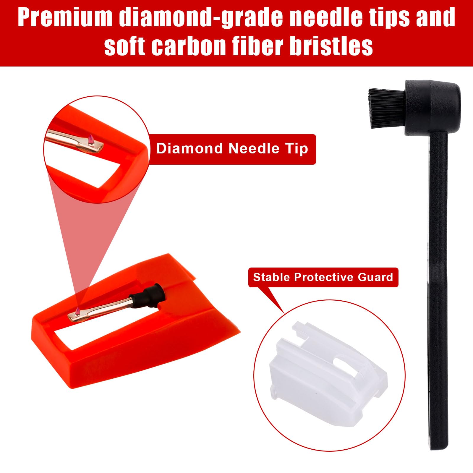 4pcs Record Player Needle Replacement & Cleaner Brush, Diamond Record Player Stylus Needle Turntable Needle Replacement Accessories for Crosley Victrola ION Record Player LP Phonograph (Red)