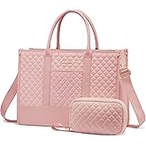 LOVEVOOK Laptop Bags for Women, 17 inch Waterproof Work Tote Bag with Clutch, Professional Teacher Computer Purse Lightweight Shoulder Bag Travel, Quilted Pink