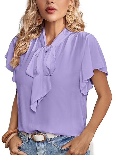 ROOSCIER WOMEN’S BOW TIE NECK RUFFLE SHORT SLEEVE VINTAGE RETRO WORK BLOUSE TOP LIGHT PURPLE LARGE