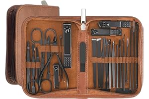 VIGOR PATH Manicure Set - Complete Stainless Steel Nail Clippers and Care Tools Set in Luxurious Leather Travel Case - Portable 26-Piece Travel Nail Kit (Brown)