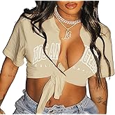 Zoyami Womens Sexy Tie Front Crop Top Short Sleeve Graphic Tee Shirt Clubwear