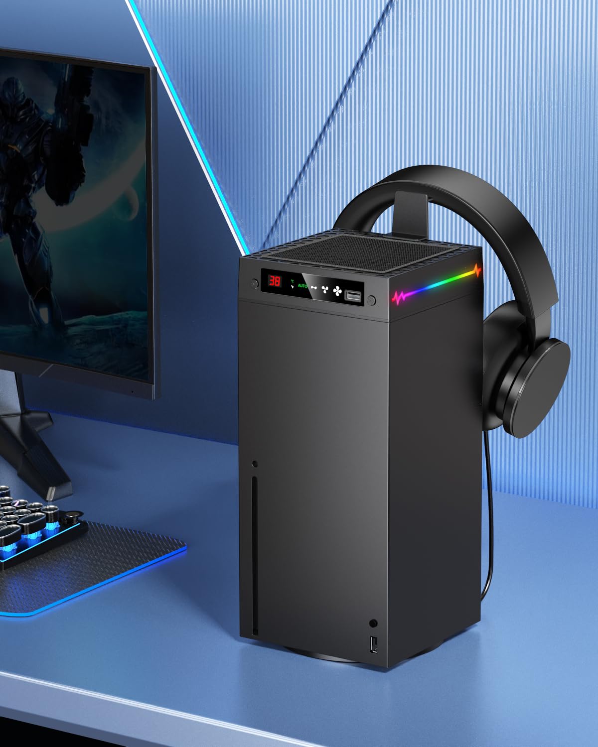 [LED Display] - Auto Cooling Fan for Xbox Series X with 9 RGB Light Modes, Cooling System Adjustable by Temperature with 4 Gears for Xbox Series X Console,Cooler & Light Switch,Headset Hook,USB Port