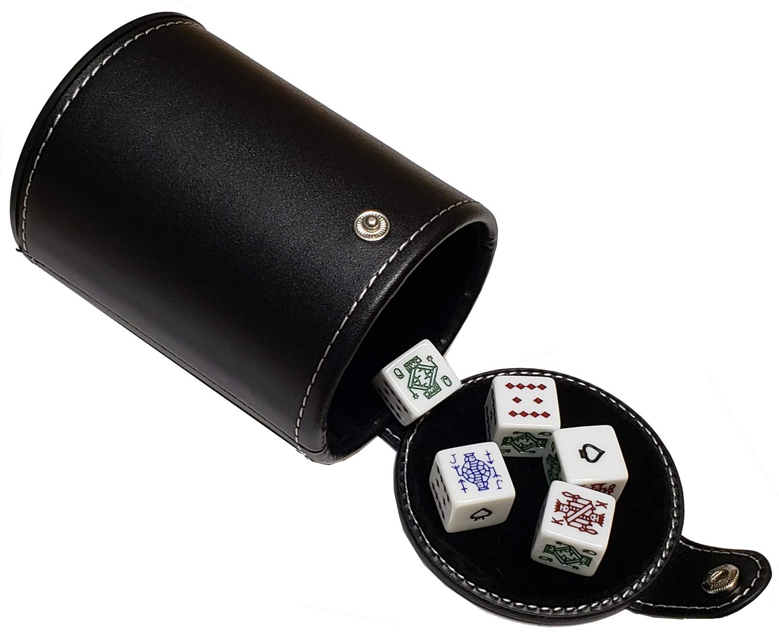 Set of 16mm Poker Dice and Black PU Leather Black Velvet Lined Dice Cup with Storage Compartment (Gift Boxed) (Poker (Squared Corners, Spades Ace) - White)