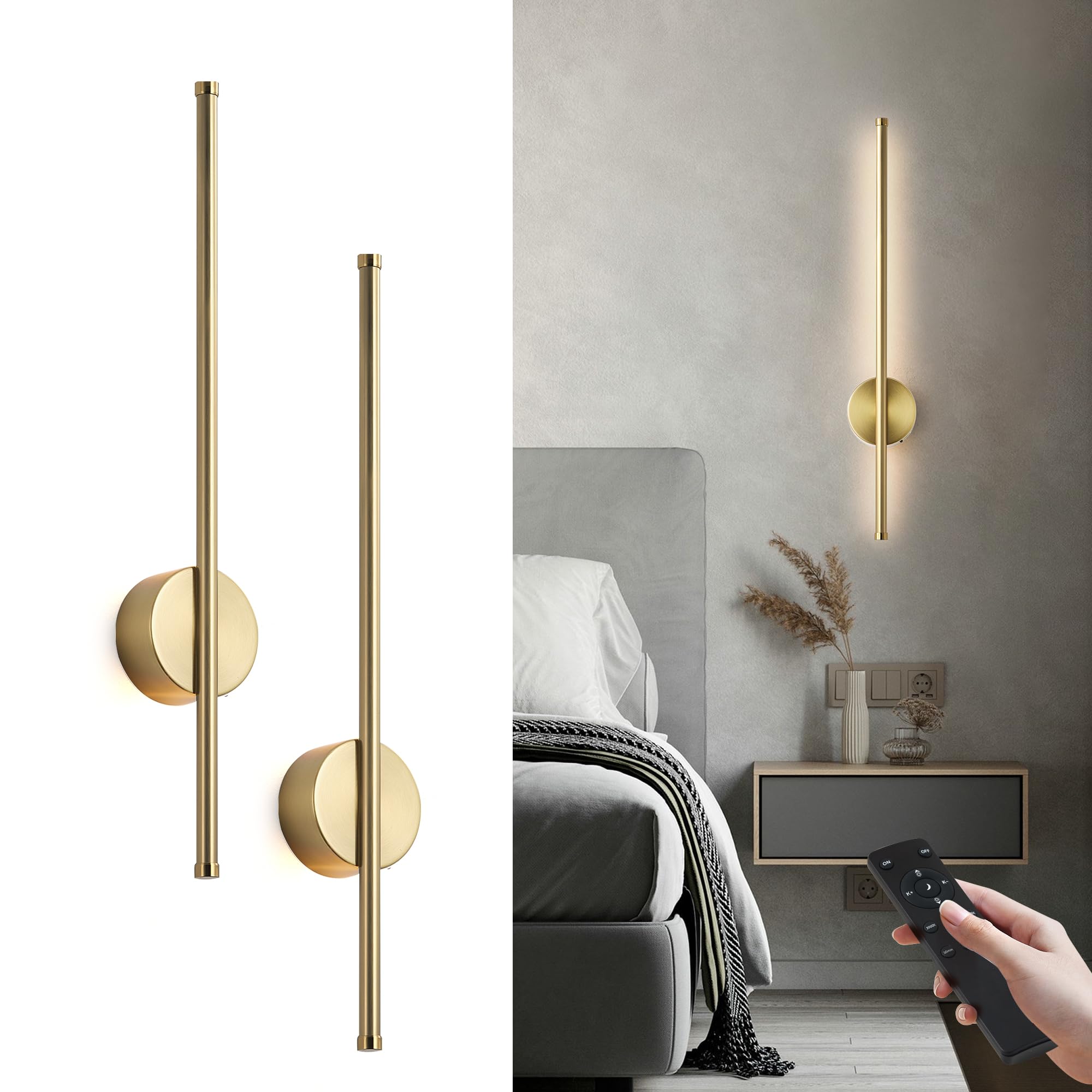 Photo 1 of Battery Operated Modern Wall Sconces, Dimmable Wireless Wall Light Set of Two with Remote Control, 3 Color Temperatures, Rechargeable LED Wall Sconce for Bedroom, Living Room, Hallway, 23.6 Inch Brass