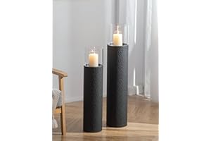 Sziqiqi Tall Floor Candle Holders: 34/27 inch Hurricane Pillar Candleholders Set of 2 for Home Decor - Large Black Cylinder Candle Stand for Outdoor Porch Living Room Fireplace