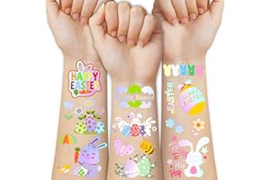 Metuu Easter Temporary Tattoos For Easter Basket Stuffers, 95 Pcs Foil Glitter Style Fake Tattoos For Easter Party Decorations, 4 Sheets Bunny Egg Butterfly Colorful Tattoos for Kids Adults