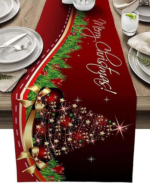 Amazon Cloud Dream Home コットンリネン テーブルランナー メリークリスマス テーブルセッティング 装飾 クリスマスツリー グリーン レッド 庭 ウェディング パーティー ディナーデコレーション 13 X 90 テーブルランナー オンライン通販