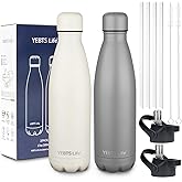 Insulated Water Bottle, 2 Pack-17oz Stainless Steel Water Bottles with straw lid, Metal Sports Water Bottles for Boys,Girls, Double Wall Vacuum BPA-Free Flask for School, Sports(Grey-white)