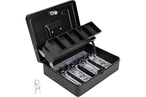 ZYNKORA Cash Box Metal Money Box with Tray & Key Lock,Tiered Locking Cash Boxes,Durable Lock Safe Box with Key,4 Bill 5 Coin Slots,Cantilever Design,Money Saving Organizer with Bill Slot,Large Black