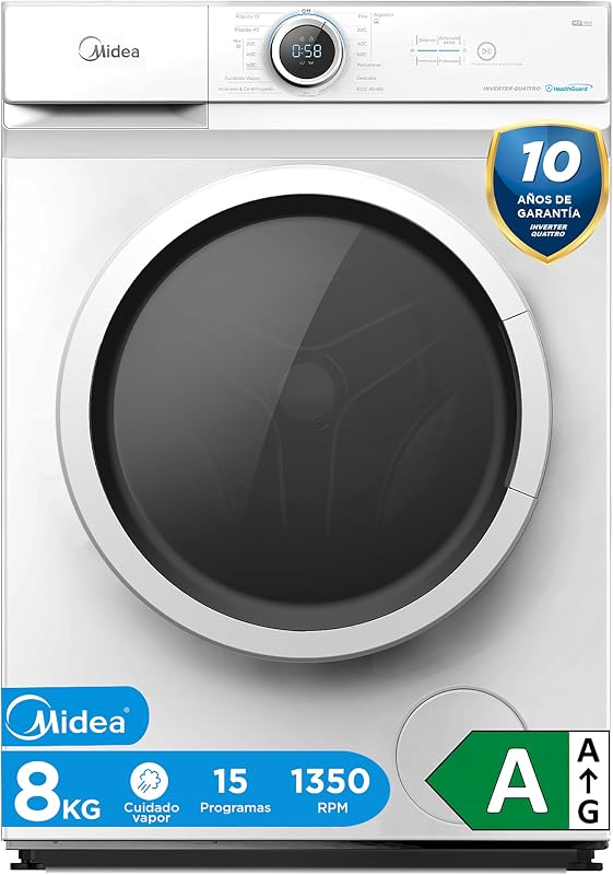 Lavadora 8kg Carga Frontal 1950W, 1350 rpm con Motor Inverter - Lavadoras con 15 Programas y Tecnología Healthguard - Washing Machine Bajo Consumo, Lavado Rápido, Función Vapor y Modo Eco