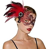 GUXIMIAR Lace Masquerade Mask for Women Mardi Gras Rhinestone Mask with Feather 1920s Venetian Party Accessories