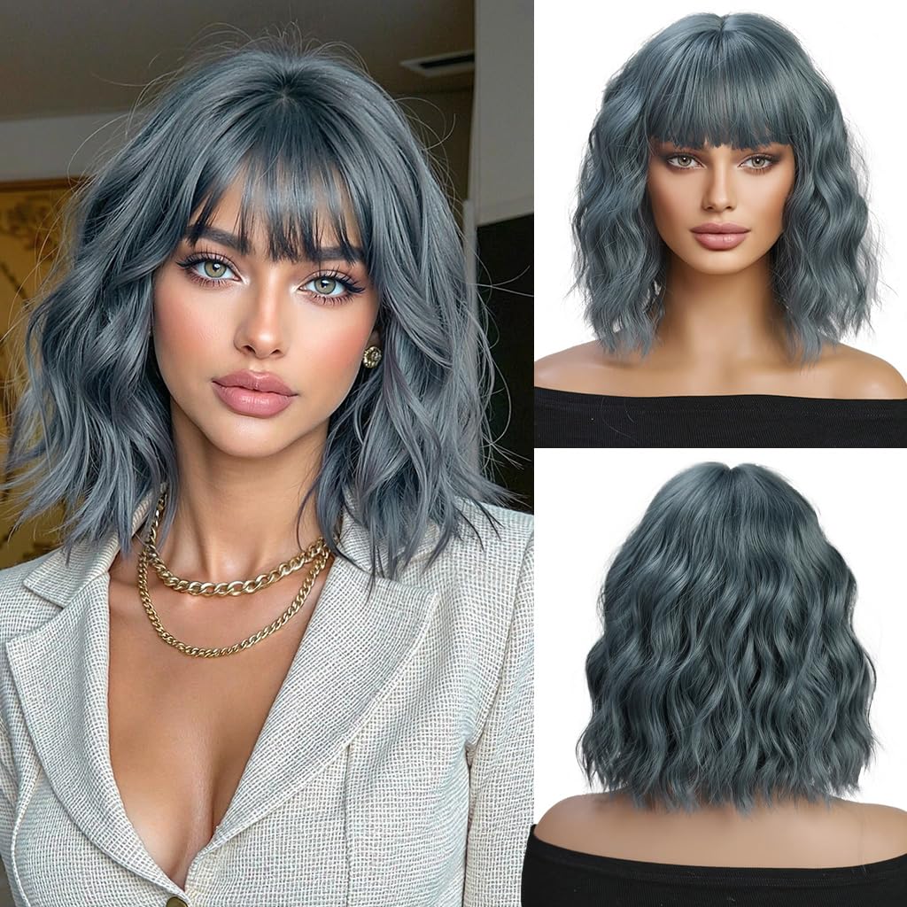 OUFEI Ash Blue Wigs for Women Short Wavy Wig With Bangs Natural Synthetic Hair Heat Resistant Wigs for Daily Party Cosplay Wear — image 1
