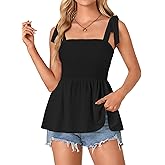 Vrtige Women's Casual Tie Shoulder Shirred Ruffle Hem Strappy Sleeveless Tank Blouse Peplum Top