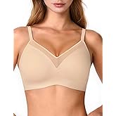 Lehoba V Neck Mesh Wireless Bras for Women, Seamless Push Up Bralette No Underwire Bra Comfortable Everyday