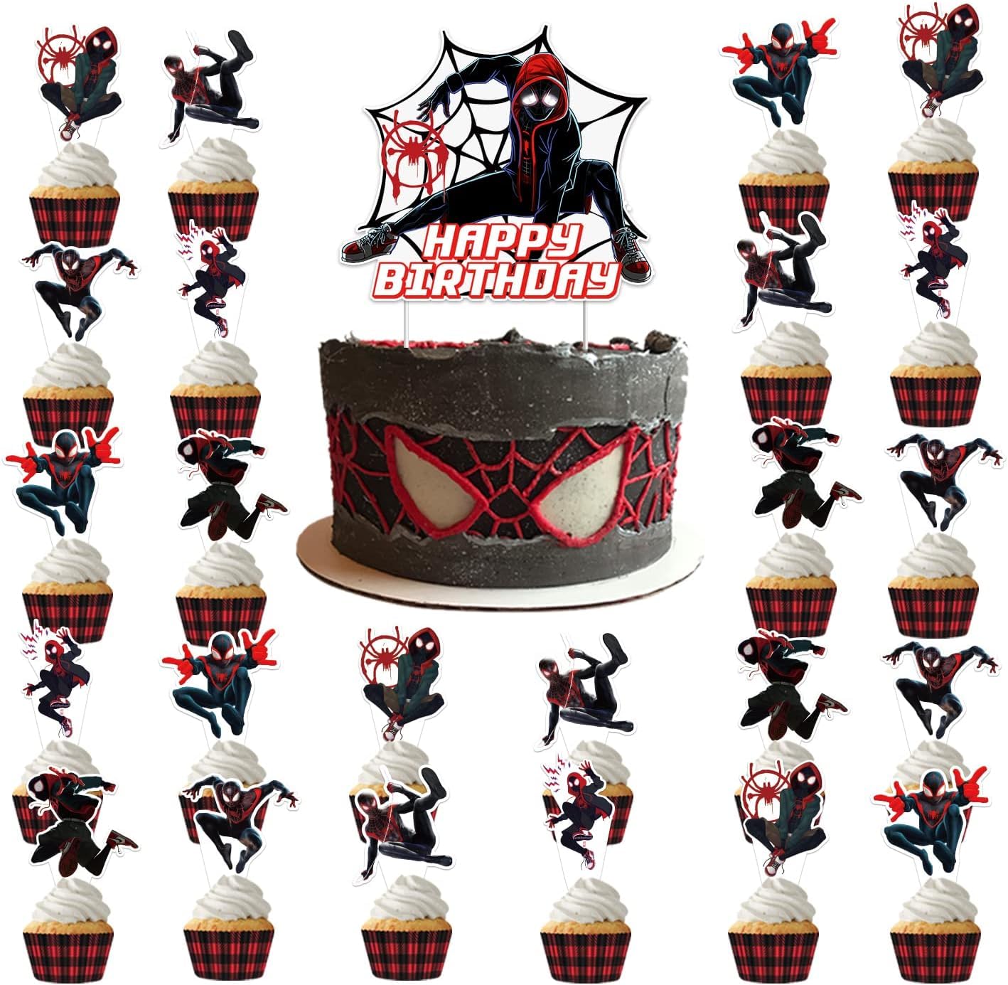 Photo 1 of Ddajksq 25Pcs Miles Morales Party Cake Decorations, Spider Birthday Cake Cupcake Toppers for Spidey Party Supplies