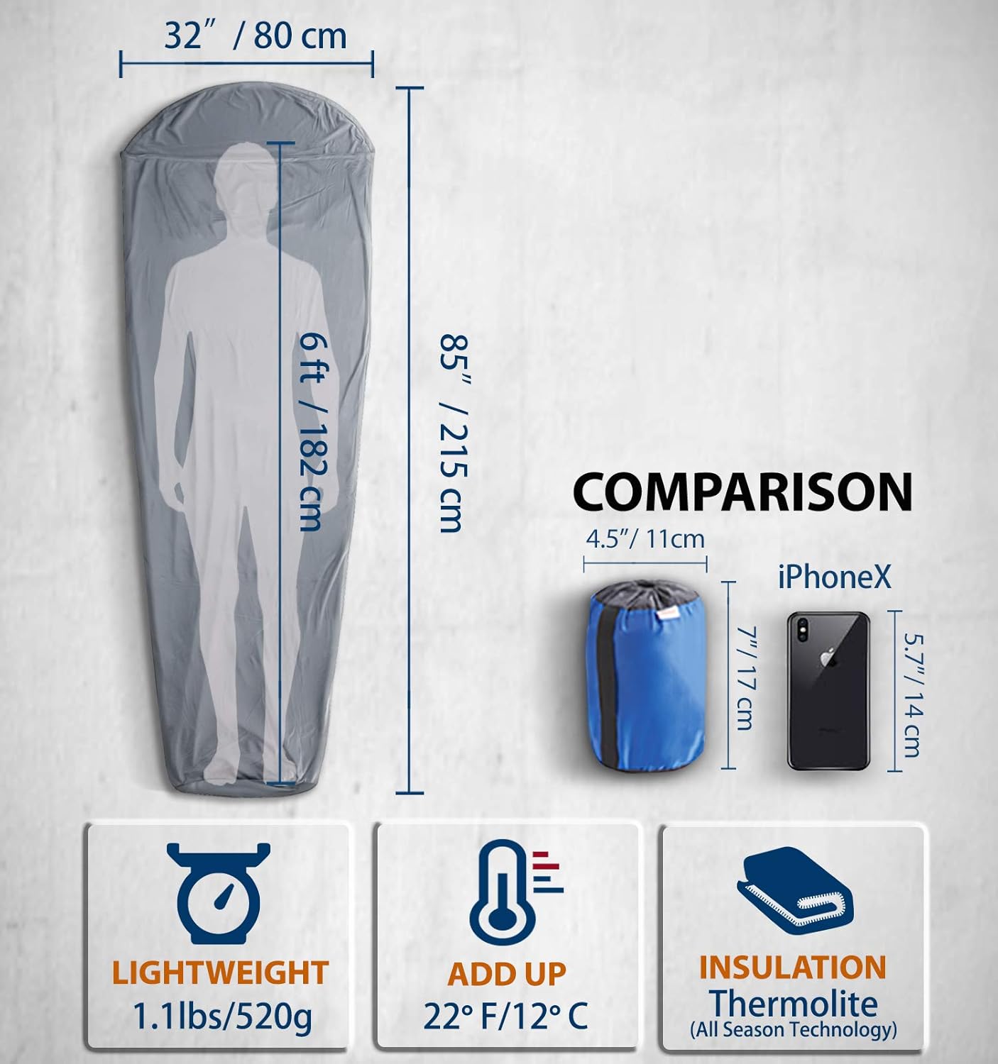Litume Thermolite All Season Sleeping Bag Liner Add Up to 22F, Mummy Sleeping Sack Backpacking, Camping, Traveling, Lightweight Sleep Sack with Drawstring Hood (E626) : Sports & Outdoors
