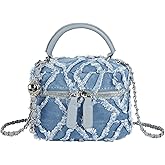 Hyuyikuwol Women Denim Mini Bucket Shoulder Crossbody Bag Drawstring Quilted Distressed Tassel Barrel Shape Satchel Purse