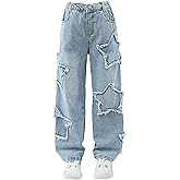 GORGLITTER Girl's Baggy Wide Leg Jeans Y2K Star Print Elastic High Waist Denim Pants Bottoms Trousers with Pockets