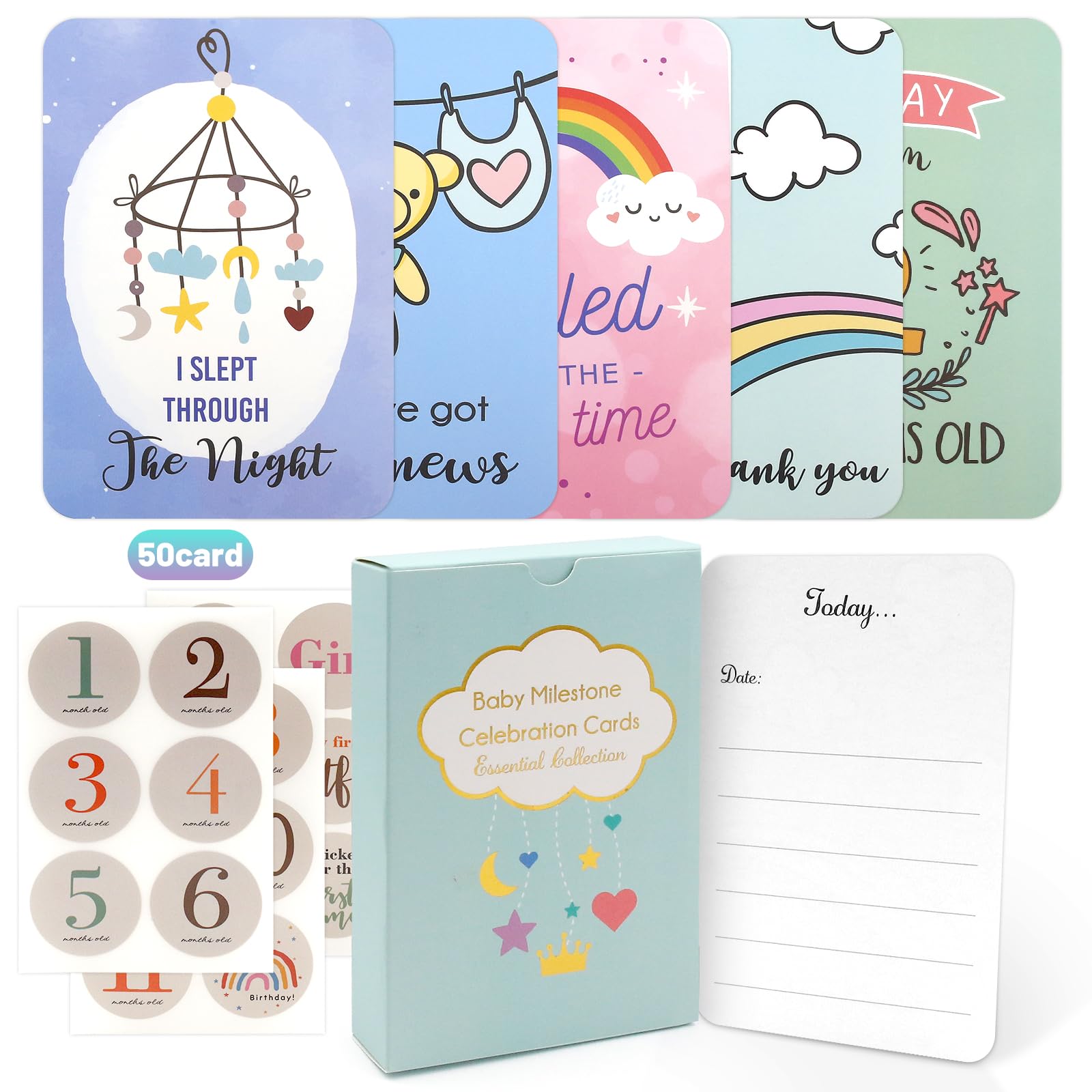 50Pcs Baby Milestone Cards, Baby Gifts Newborn Cards in Gift Box, New Baby Gift for Boy or Girl with Day Week Month Year Age Cards, for New Parents Pregnancy Gifts and Keepsake