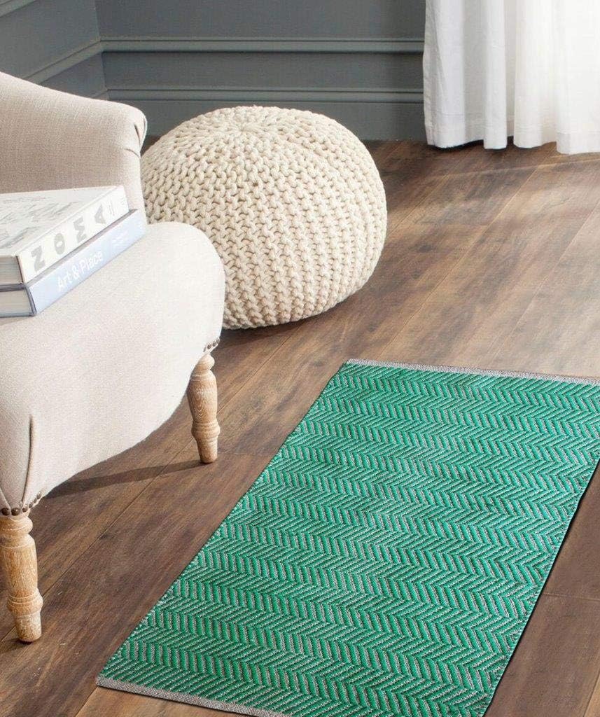 Hand Woven Jute Hemp Cotton Chevron 2'x3' Throw Rug- Indoor/Outdoor Door mat- Bedroom Entryway Kitchen (24"x36", Green)