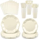 NatNarr 175 Pcs Ivory Plates and Napkins Set, 25 Guest Ivory Party Supplies Include Scalloped Plate Paper Napkin Cup Fork Knives Disposable Plastic Cutlery for Birthday Wedding Baby Shower Party