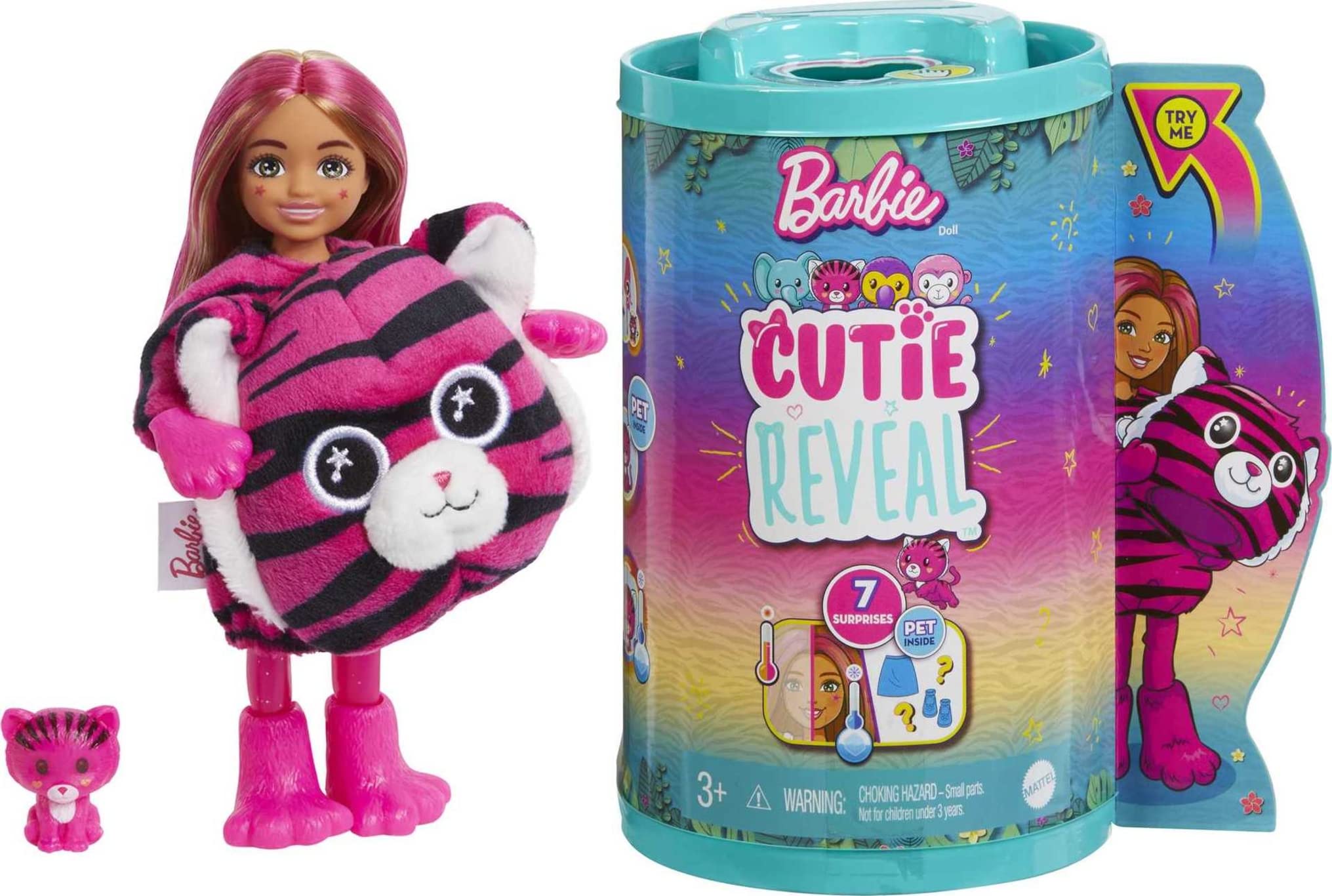 Barbie Small Dolls and Accessories, Cutie Reveal Chelsea Doll with Tiger Plush Costume & 7 Surprises Including Color Change, Jungle Series, HKR15
