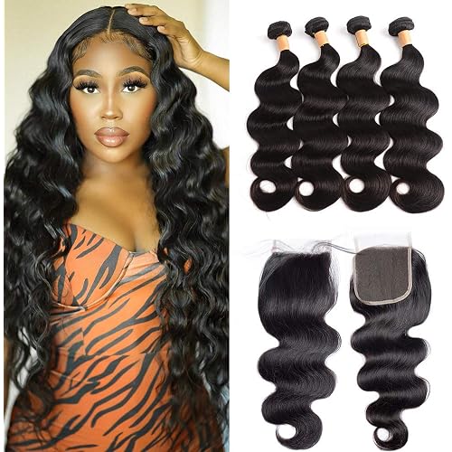 Body Wave Bundles with Closure Brazilian Human Hair Bundles with Closure Unprocessed Body Wave 4 Bundles with Closure Natural Black Color Double Weft Human Hair 4 Bundles with Closure for Black Women