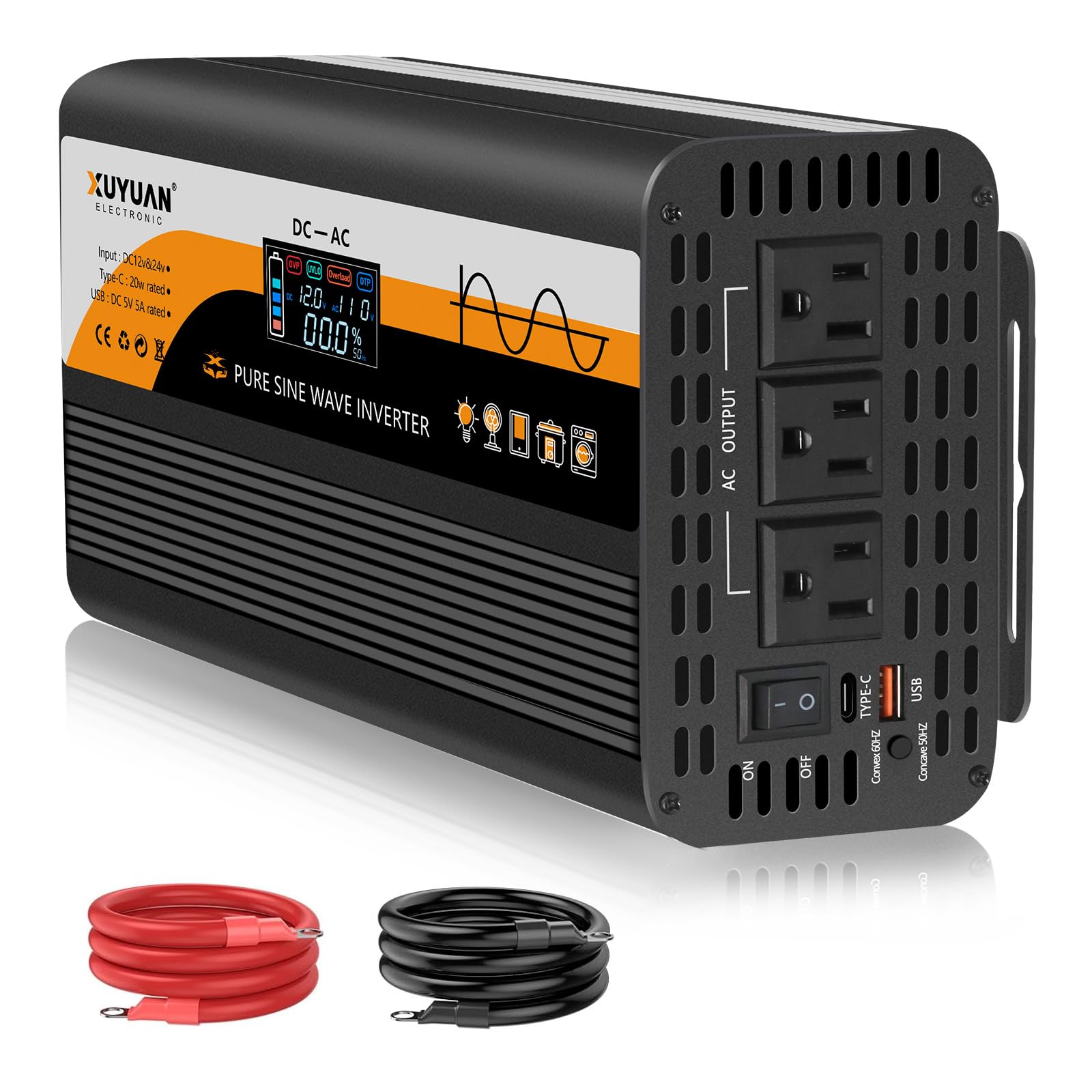 Photo 1 of 1500W Pure Sine Wave Inverter (3000W Peak), 12V/24V Auto-Detect, 50Hz/60Hz Switchable, LCD Display, Type-C Fast Charging, Silent Design, Overload & Overheat Protection for RV, Home