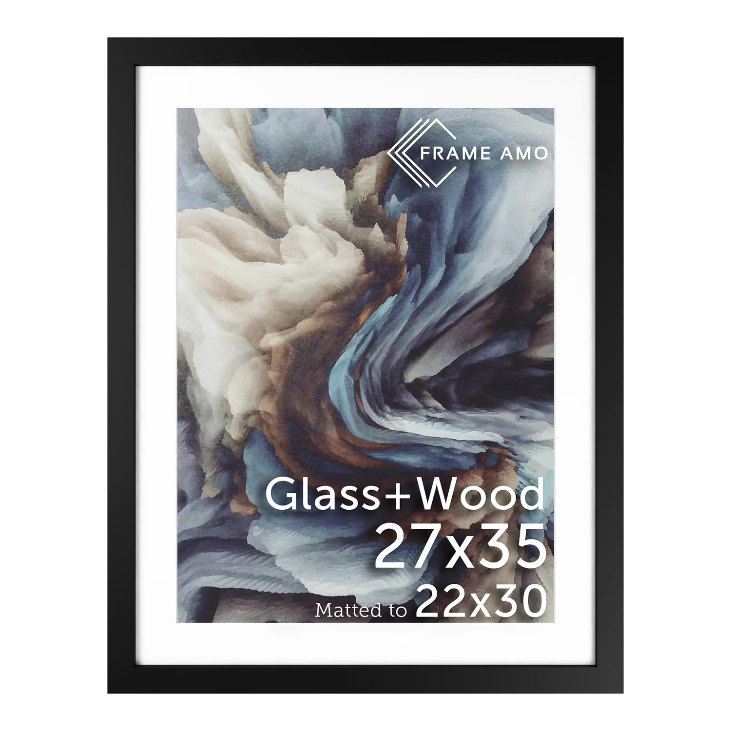 Frame Amo 27x35 Black Solid Wood Poster Frame, White Mat for 22x30 Image, Tempered Glass Front, 1.5 inch Wide, 1 inch Thick, High-End, Heavy-Duty, Gallery Grade & Acid-Free Image