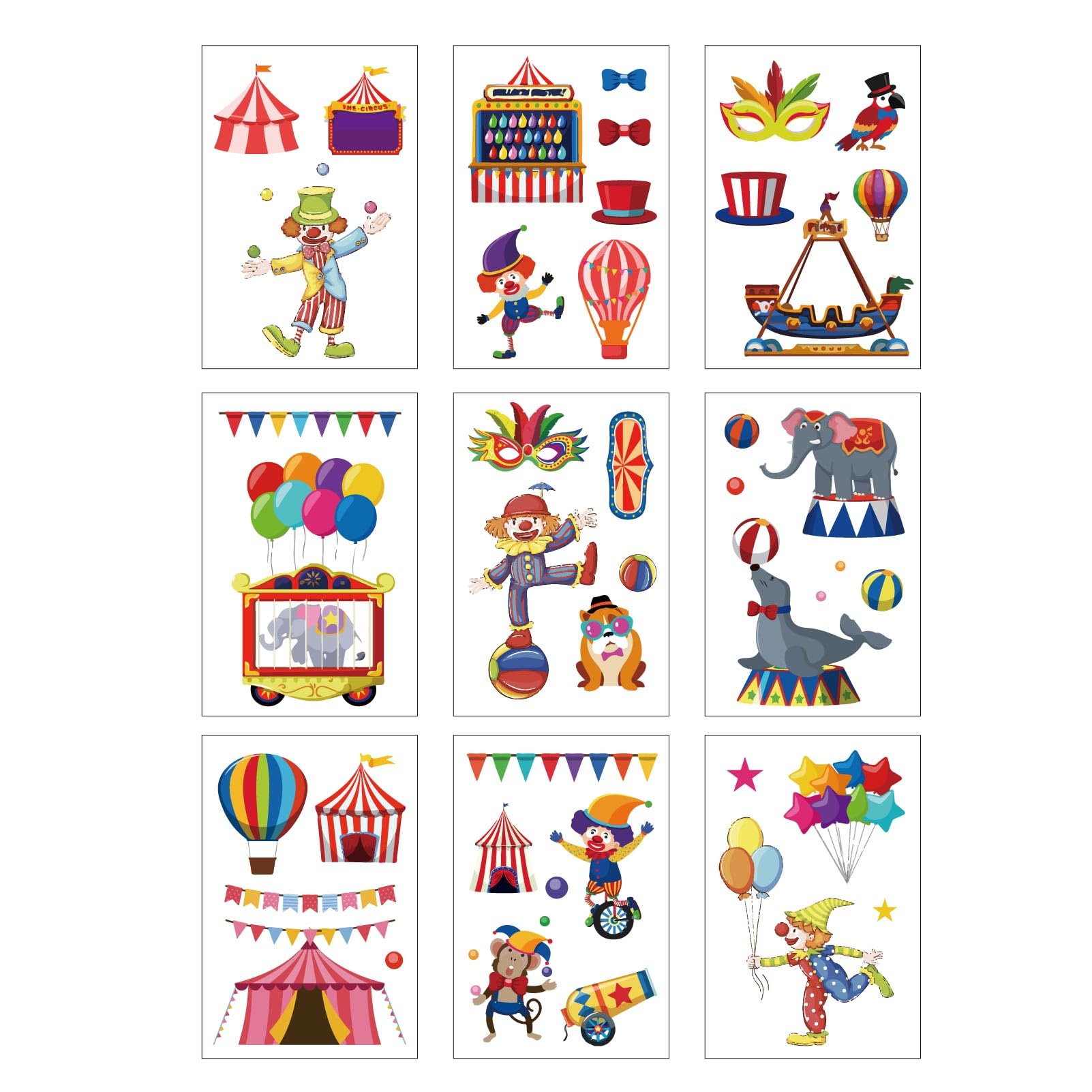 CREATCABIN 9 Sheets Circus Carnival Animals Window Clings Clown Amusement Park Window Stickers Decals Waterproof for Glass Windows Doors Party Stairway Wall Classroom Home Decorations 12x7.6Inch