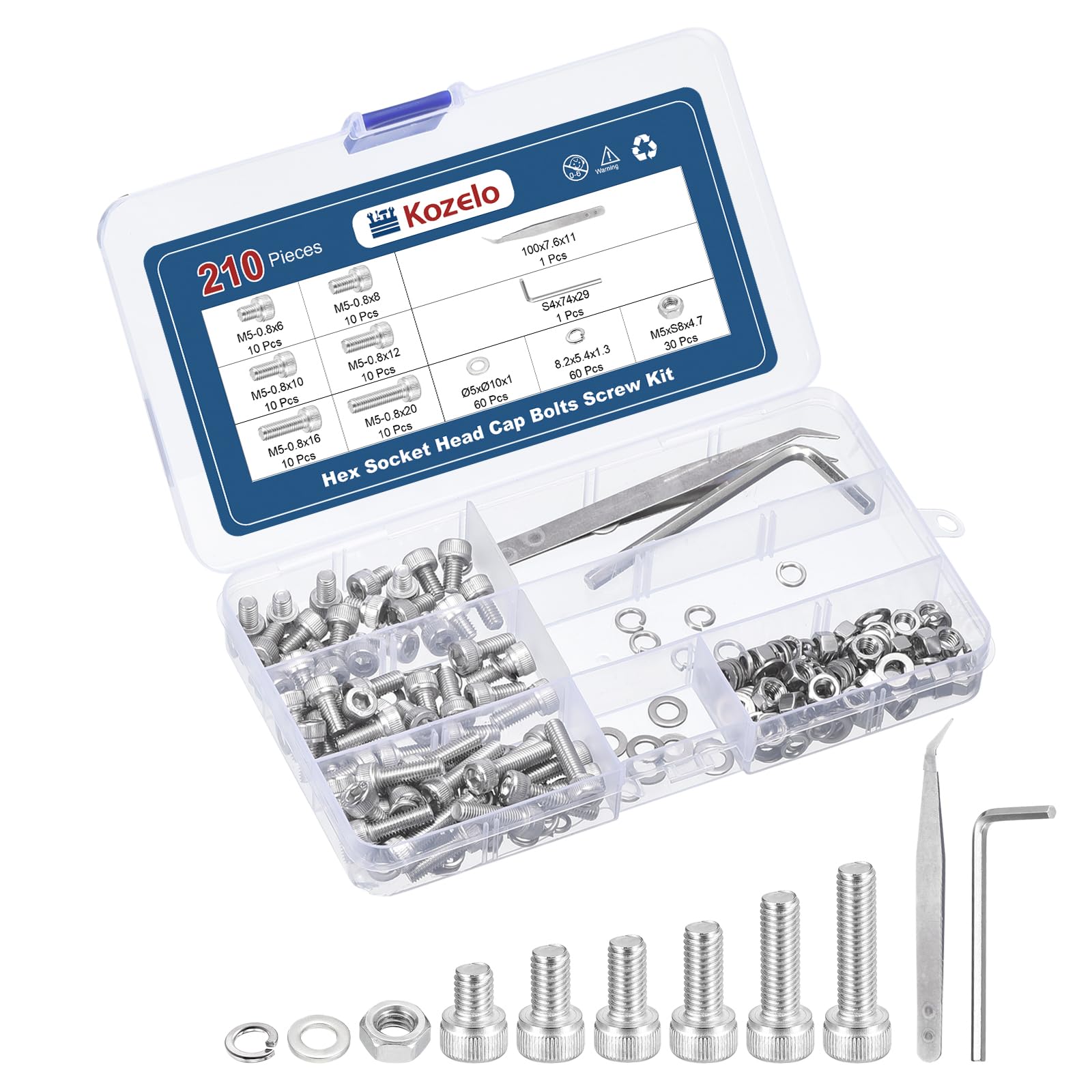 Kozelo 210pcs M5 Socket Head Cap Screws Bolts Nuts Assortment Kit - [M5x6/8/10/12/16/20mm] 304 Stainless Steel Allen Socket Drive for 3D Printer with Allen Wrench