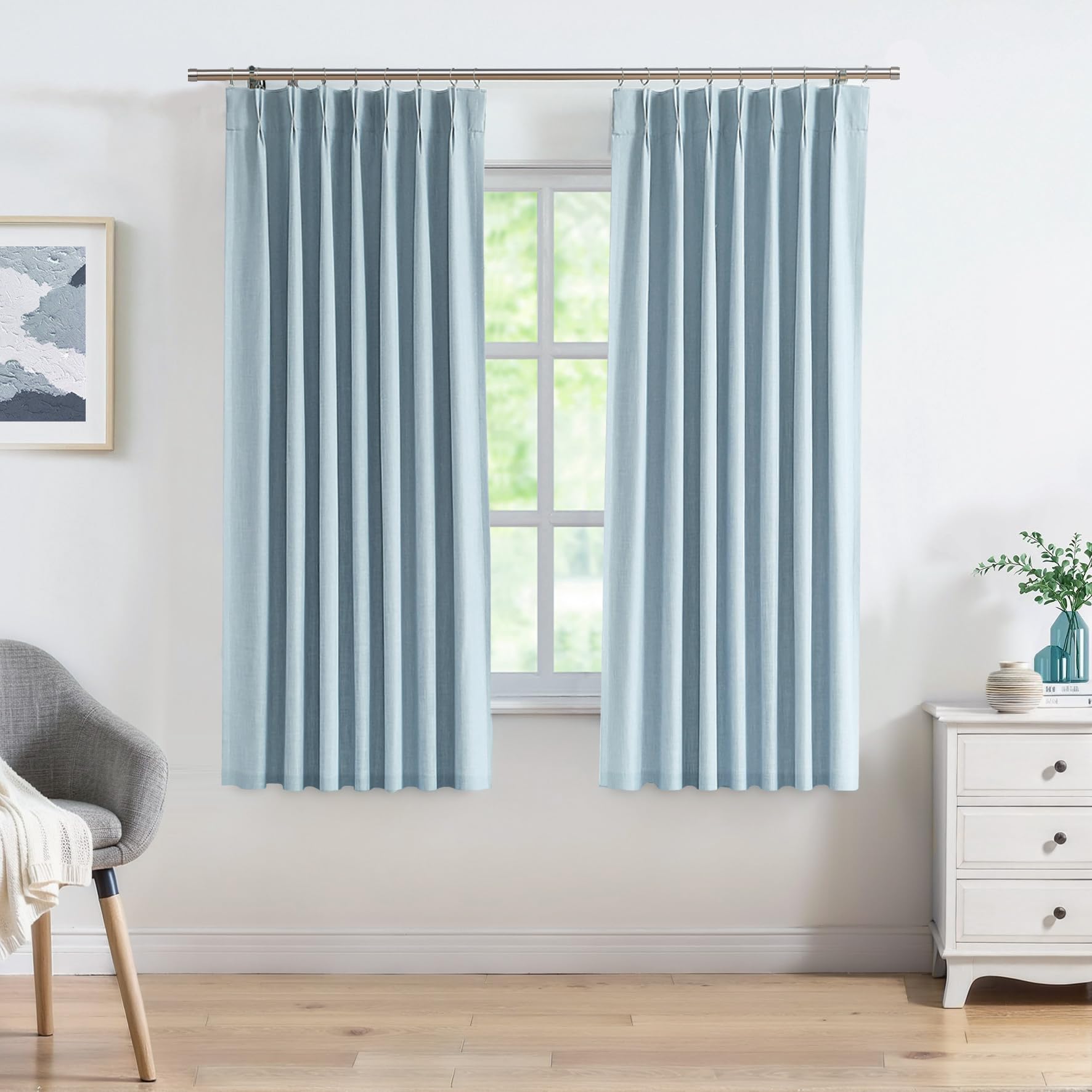Photo 1 of Pinch Pleated Blackout Curtain Panels with Full Blackout Liner Linen Texture Window Treatment Sets with Back Tab for Living Room Bedroom Thermal Insulated Drape with 9 Hooks, 40"x72"x2, Dusty Blue