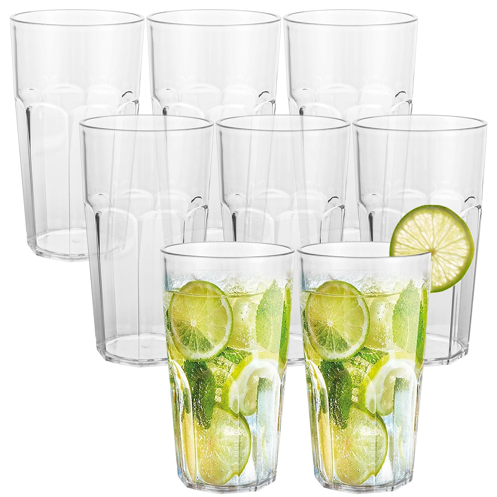 FWEEK 8PCS Stackable Plastic Tumbler Cups, 500ML Drinking Glasses Water Glasses, Clear Plastic Cups, Reusable Acrylic Tumblers, Unbreakable Glasses for Party