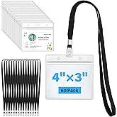 60 Pack Clear Plastic Horizontal Badge Holders 4×3 Inches and 60 Pack Black Lanyards Name Tag Badge Holder with Lanyard for Kid, Adult, Office, School