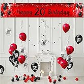 Happy 20th Birthday Yard Sign Banner with Balloons Arch Kit Red and Black - Cheers to 20 Years Old Birthday Party Theme Decorations Large Birthday Backdrop Banner for Men Women Supplies