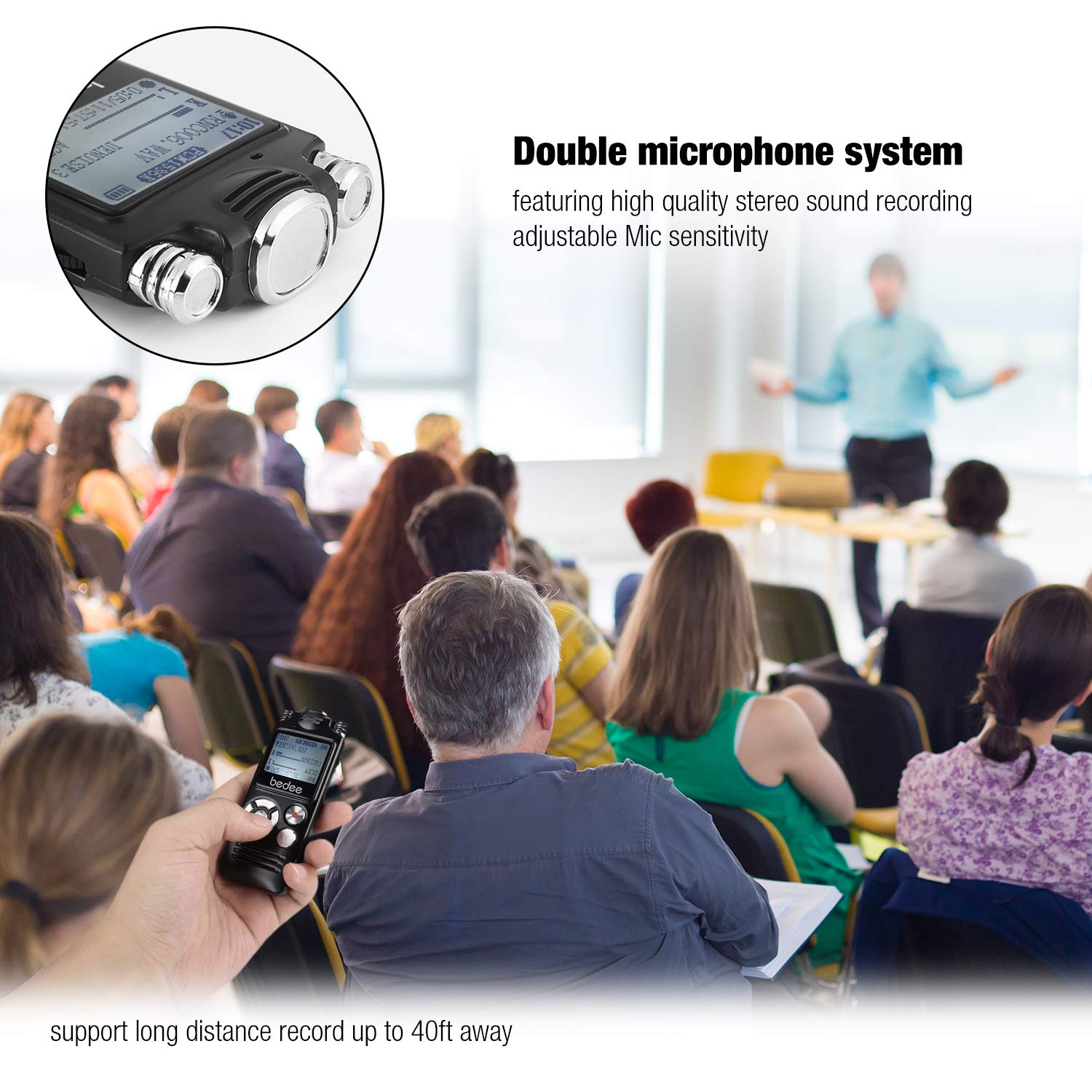 Voice Recorder bedee Audio Recorder Voice Activated Digital Voice Recorder Small Dictaphone Recording Device 8GB Memory 1536kbps/10 Hrs Storage Capacity with 2 Clear Microphone for Interviews Lectures Class Meetings Concert Conference