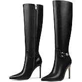 COLETER Women's Knee High Boots Pointed Toe Stiletto Buckle Dress Boots Slouch Zipper Heeled Boots