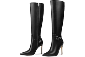 COLETER Women's Knee High Boots Pointed Toe Stiletto Buckle Dress Boots Slouch Zipper Heeled Boots