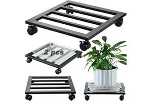 DEELF OUTLET 2 Packs 13.6 inches Large Metal Plant Caddy with PU Wheels Square Planter Dolly Pot Mover Rollers Wrought Iron Rolling Plant Stands Indoor Outdoor Plant Holder Coaster Trolley, Black