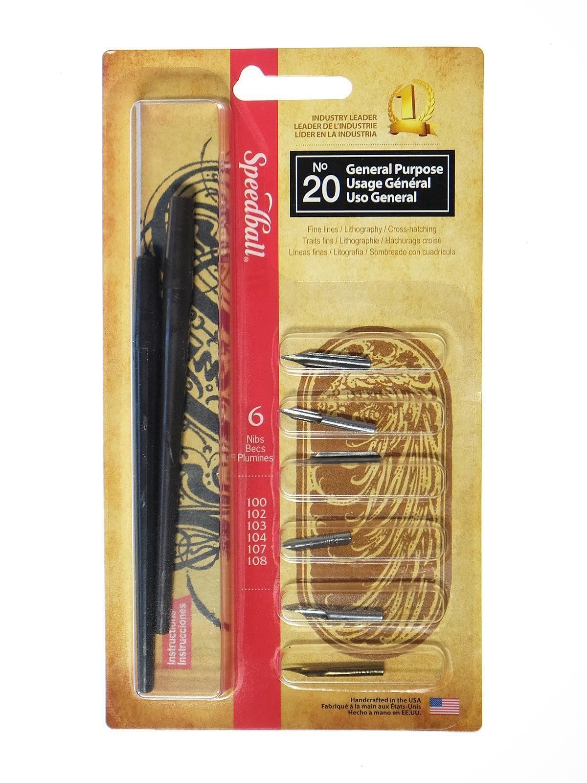 Speedball No. 20 General Purpose Pen Set, 2 Pen Holders, 6 Pen Nib Tips, For Ink Drawing, Cross-Hatching, Fine Line Details, Writing Pens, Accessories Supplies, Black