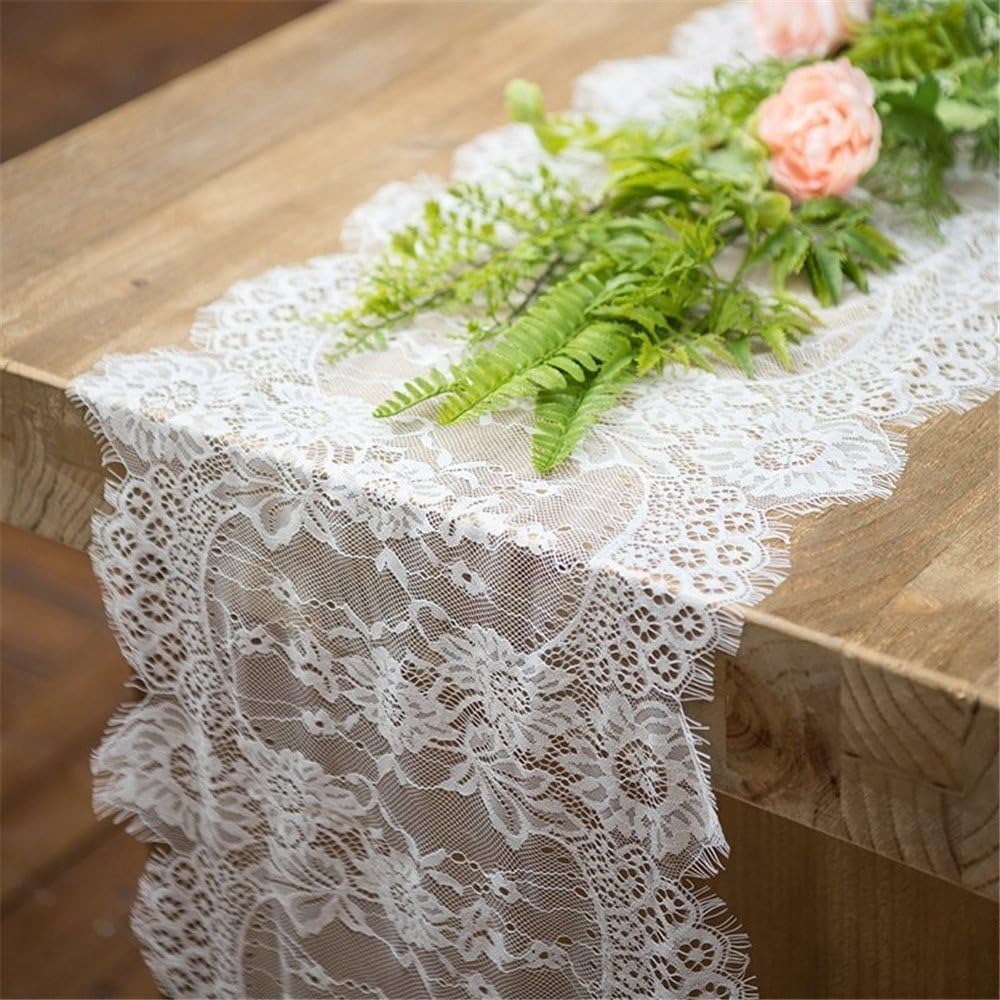 JunMu 14" X 120" White Lace Table Runner Overlay Embroidered Floral