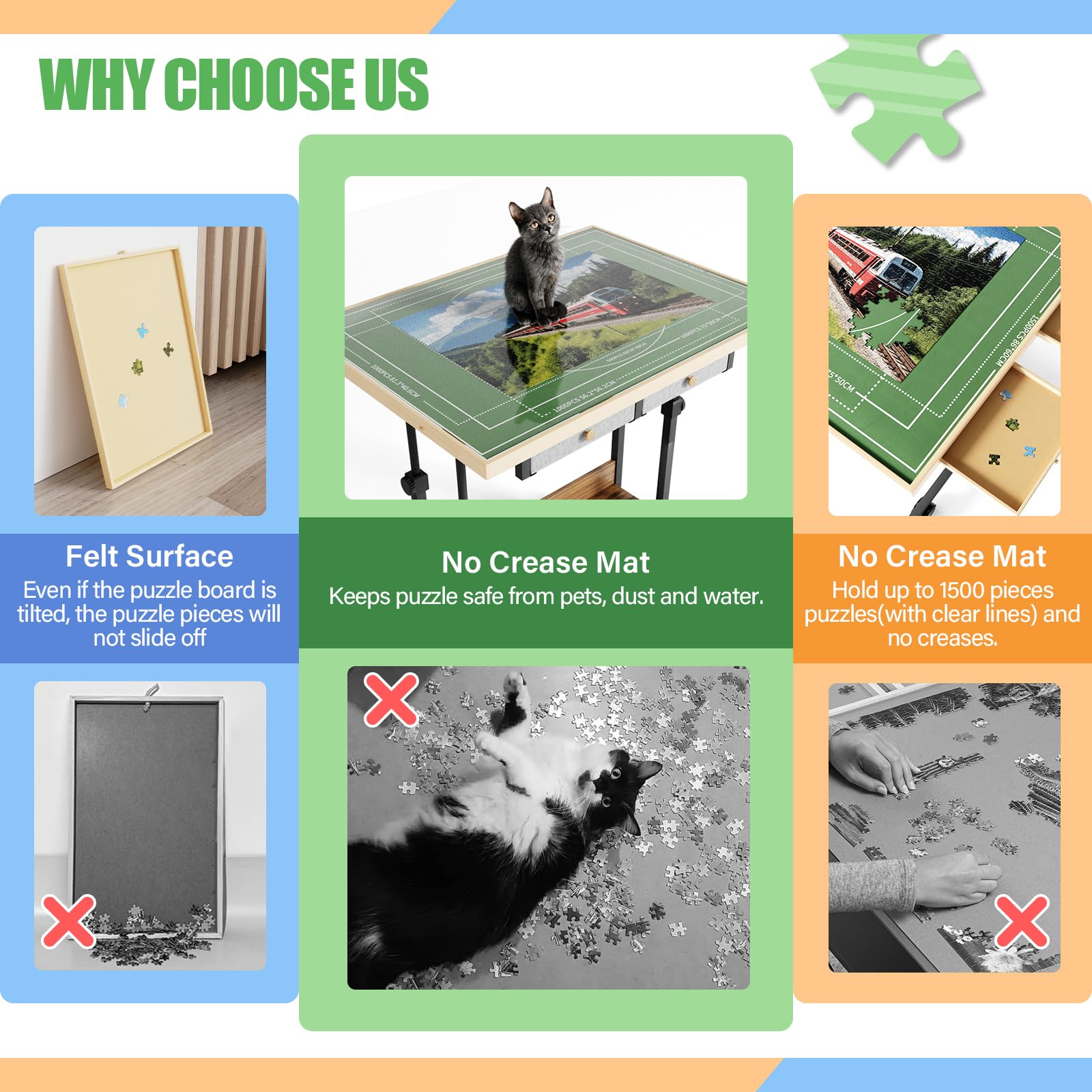 CODACE 1500 Piece Jigsaw Puzzle Table with Legs, Adjustable 5-Tilting-Angle Puzzle Board with 6 Drawers & Cover, 35