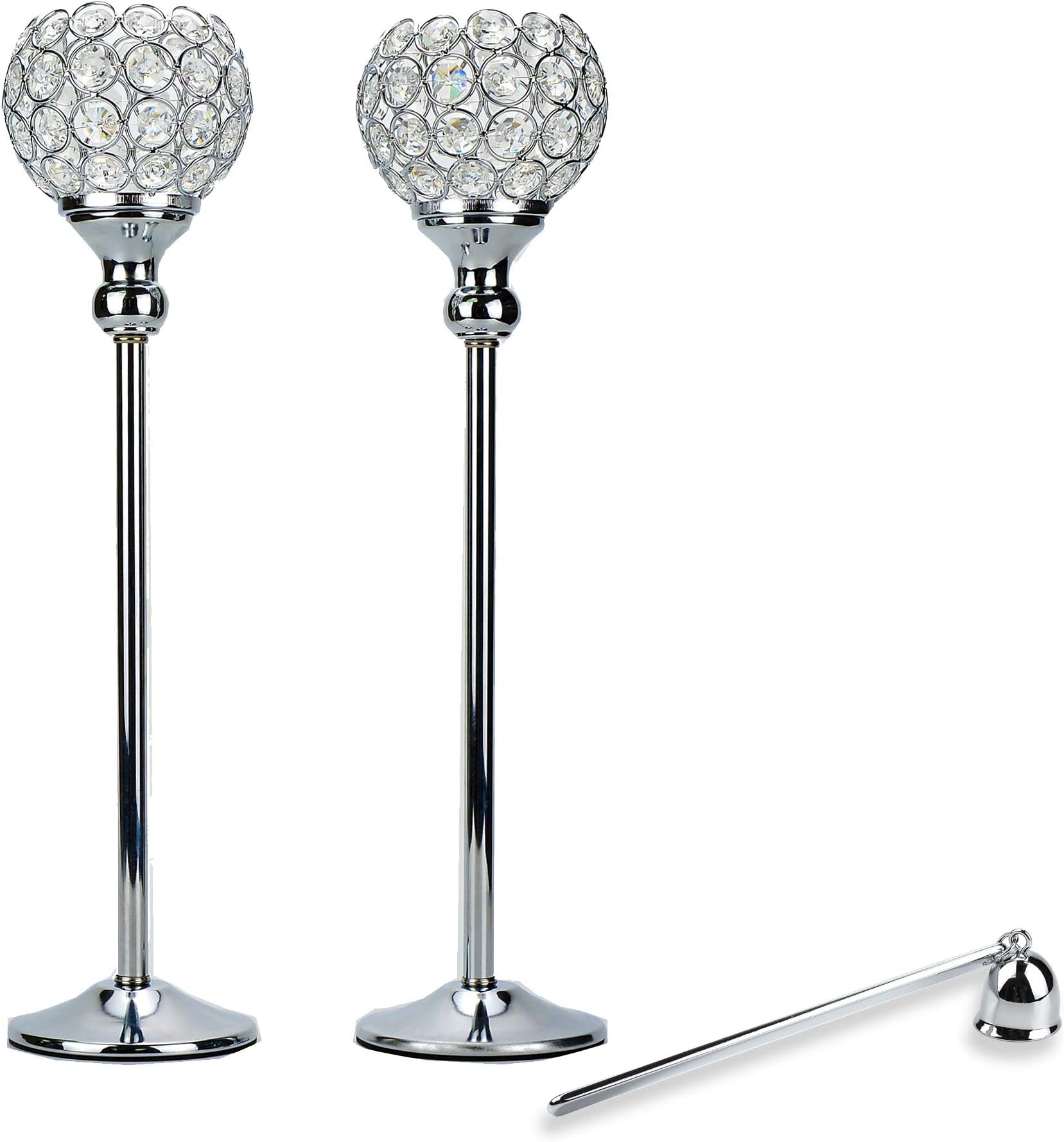 2PCS Crystal Candle Holders Tea Light Holder Set with Snuffer Bling Dining Table Centrepiece for Wedding Anniversary Birthday & Party Decoration (Silver, 17")