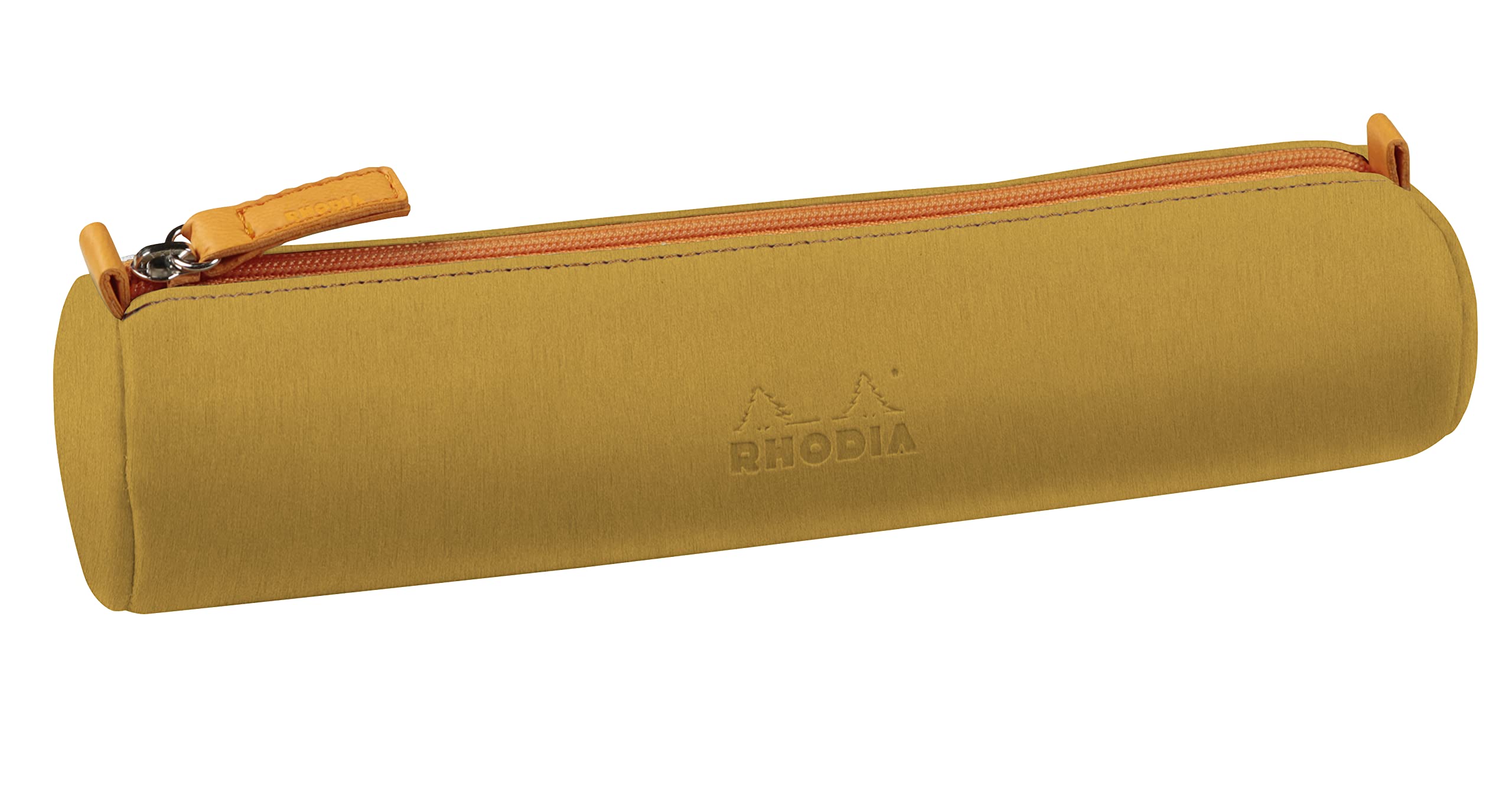 RHODIA 319043C - Rhodiarama Gold Round Pencil Case - 21.5 x 5.5 cm - Genuine Orange Stitching - Ivory Jersey Interior - Faux Leather - Storage for Pens, Pencils, Markers, Small Supplies