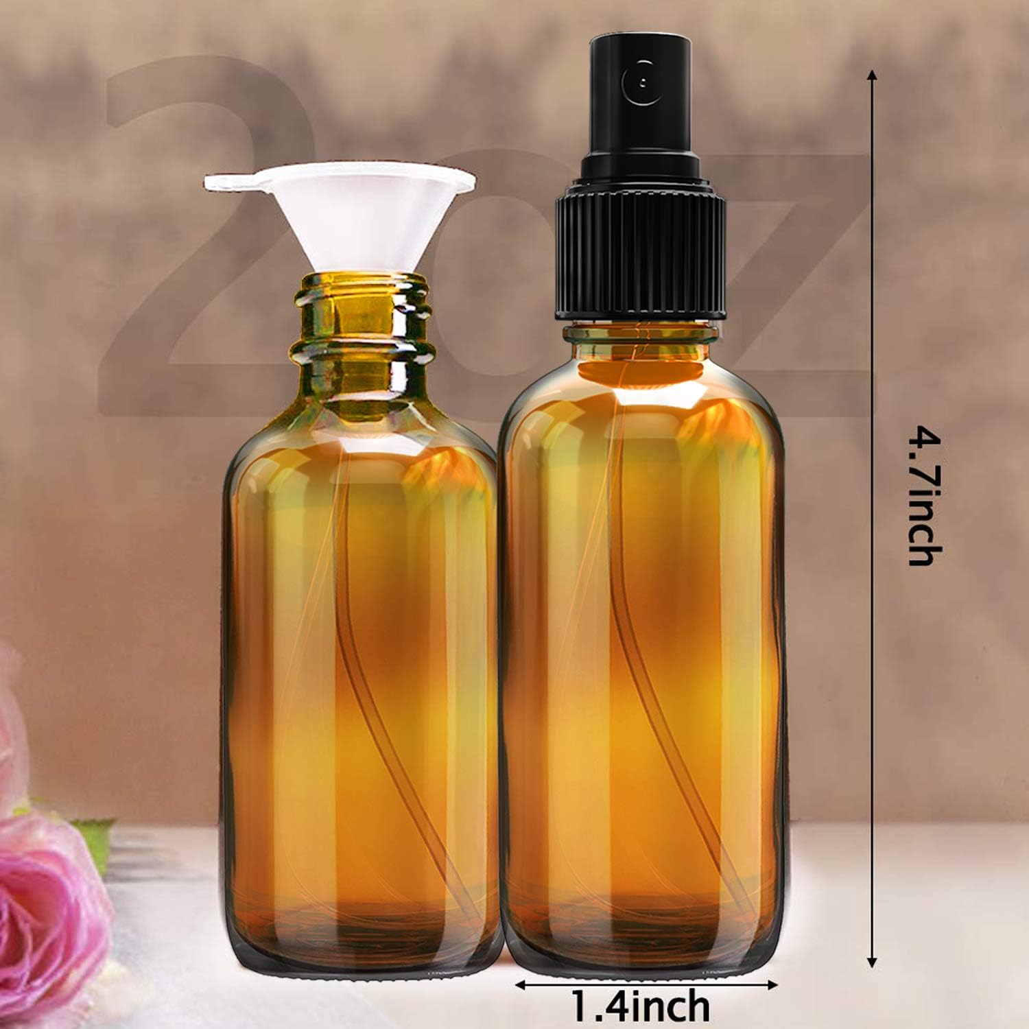Nylea Small Glass Spray Bottles for Oil, Hair, Plants Water 2 oz | Empty Fine Mist and Refillable Mister Amber Mini Travel Size Bottle for Cleaning Solutions, Essential Oil Sprayer and Nozzle - 2 Pack